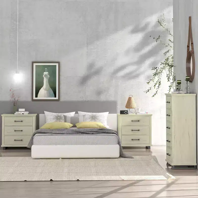 Festivo 3pc Contemporary 24" 5 Drawer Chest and 3 Drawer Nightstand Set Saw Cut Off-White: MDF, Metal Legs, Anti-Tip