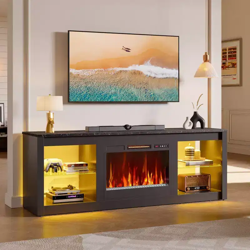 Bestier 71 Fireplace TV Stand for TVs Up to 75, LED Modern TV Console Entertainment Center with Electric Heater & Storage Shelves for Living Room