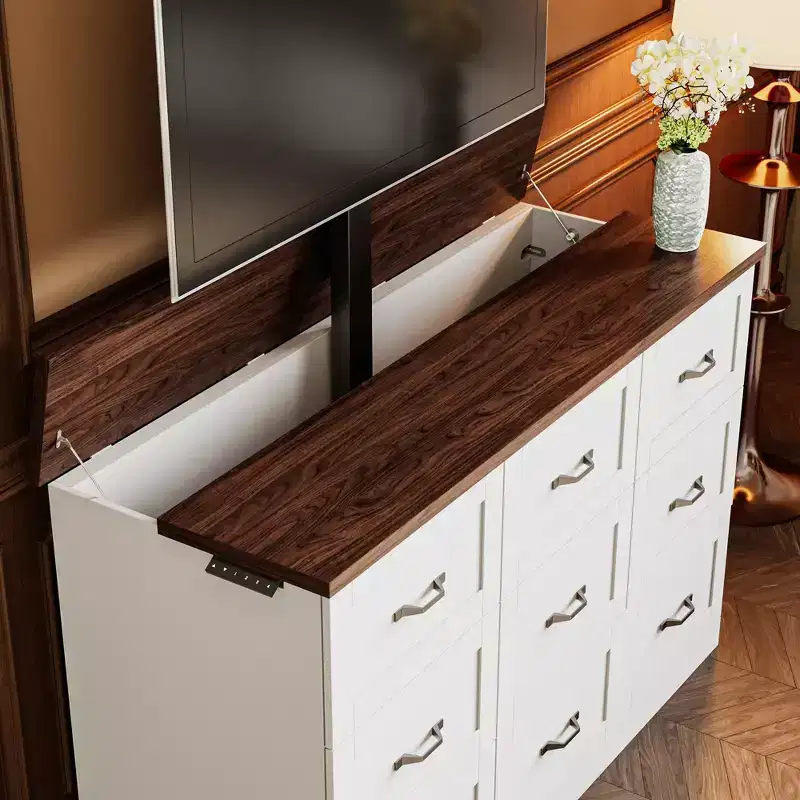 Famapy 9-Drawer Electric Gaming Cabinet Height-Adjustable TV Stand Entertainment Center+2 Power Outlets/Split Desktop TV Storage Unit for Game Nights