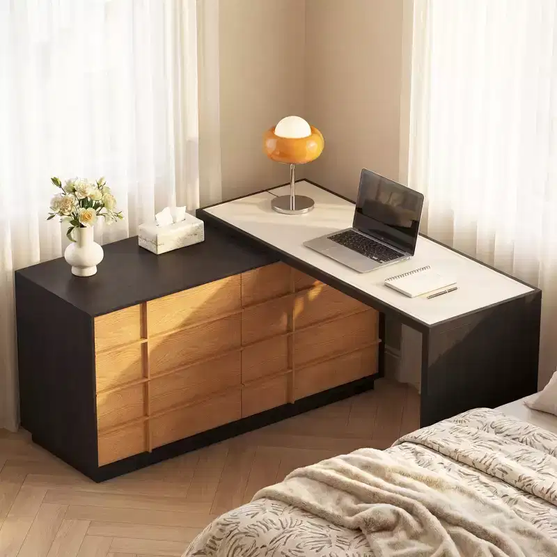 110.23 Extendable Desk with Saddle Leather Top 6 Drawers Modern L Shaped Computer Writing Table for Home Office Black Gaoyangjiaju