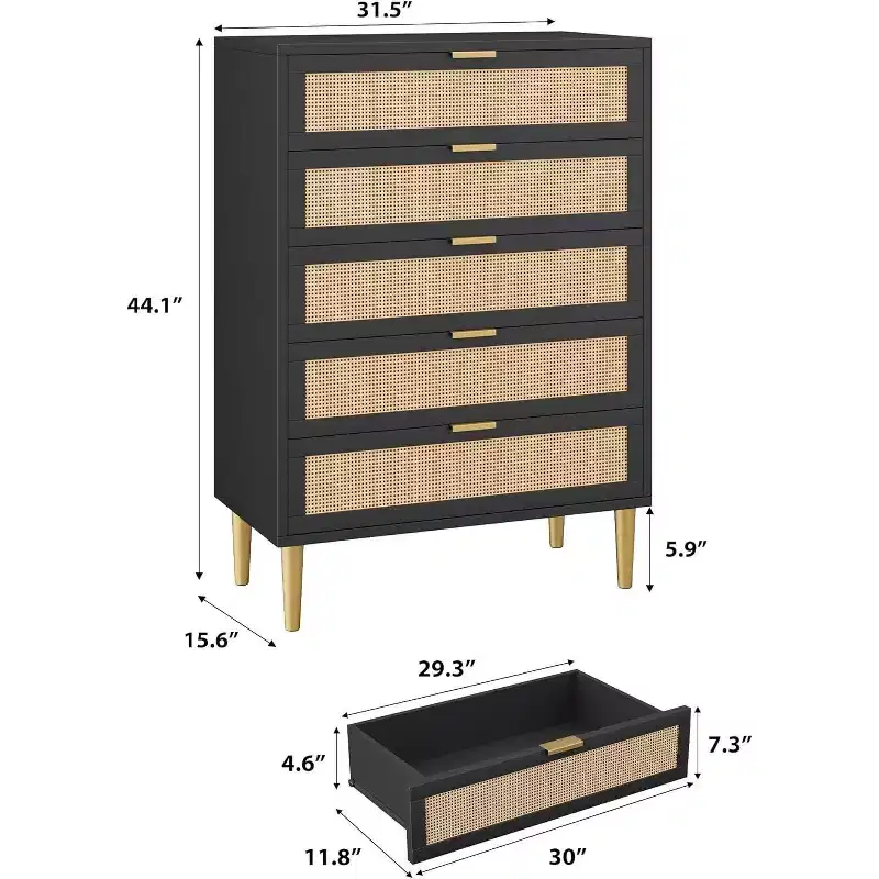 44 Rattan 5-Drawer Dresser - Boho Modern Chest with Gold Accents for Bedroom & Living Room