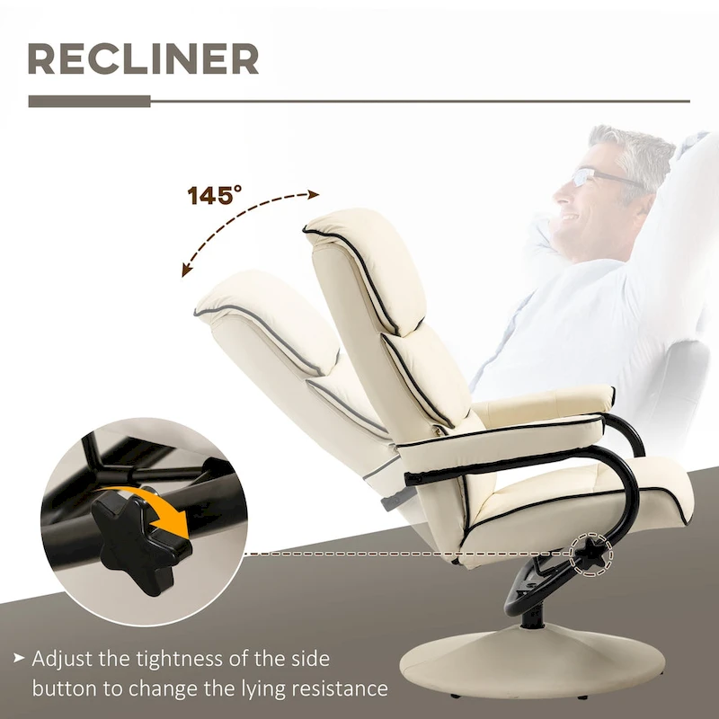 HOMCOM Recliner Chair with Ottoman, Swivel PU Leather High Back Armchair w/ Footrest Stool, 135 Adjustable Backrest