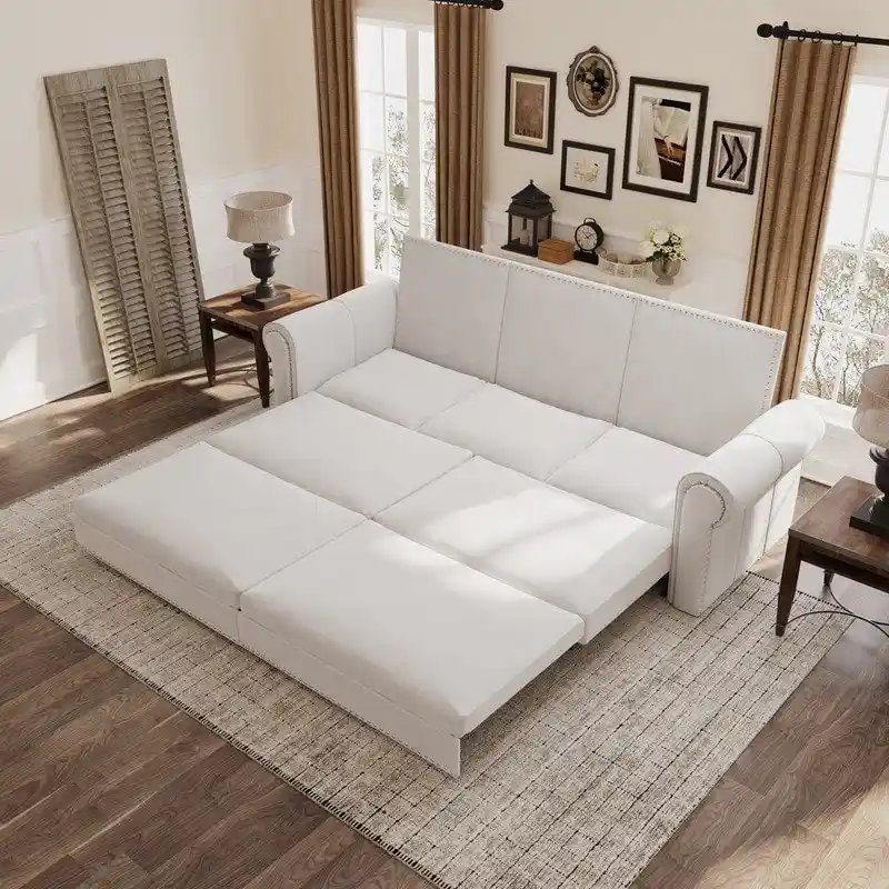3-in-1 King Pull Out Sofa Bed Chesterfield Sofa, Velvet/Faux Leather Convertible Sleeper Sofa with Nailhead Trim & Rolled Arm
