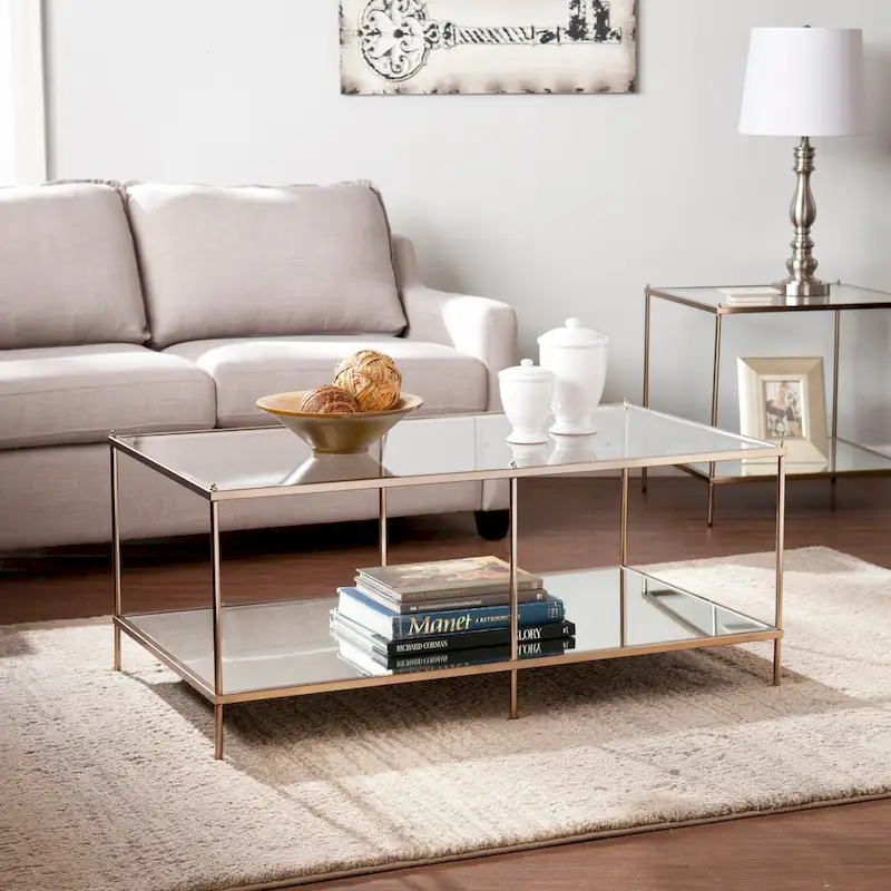 SEI Furniture Grant Goldtone Rectangular Coffee Table with Glass top and Bottom Shelf