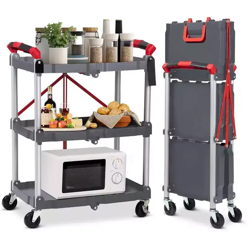 3-Tier Folding Utility Cart, Portable Collapsible Service Trolley with Wheels, 156 Lbs Load Capacity, Heavy Duty for Garage & Workshop, Grey