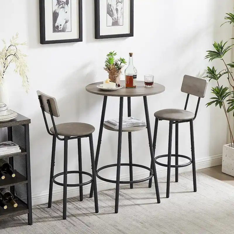 Grondin Industrial Style 3-Piece Round Bistro Pub Table Set with 2 PU Leather Bar Stools and Shelf, Counter Height Bar Table Set