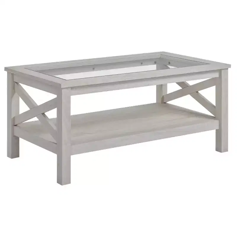 HOMCOM Farmhouse Style Coffee Table with Wood Frame, Tempered Glass Tabletop and Underneath Storage Shelf for Living Room, White Oak