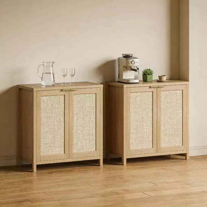 2PCS Kitchen Storage Cabinet, Rattan Sideboard Buffet Cabinet Farmhouse Cupboard Console Table Buffet Cabinets with Adjustable Shelf, Oak