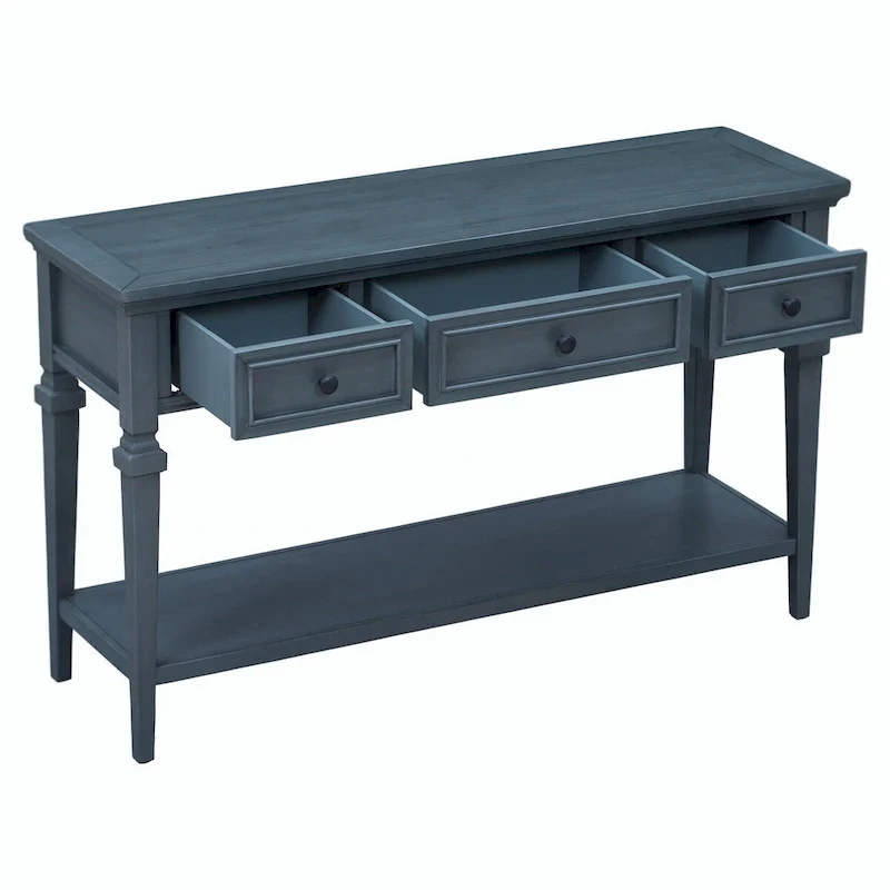 Retro Style Console Table with 3 Drawers and Open Bottom Shelf - Gray Wash