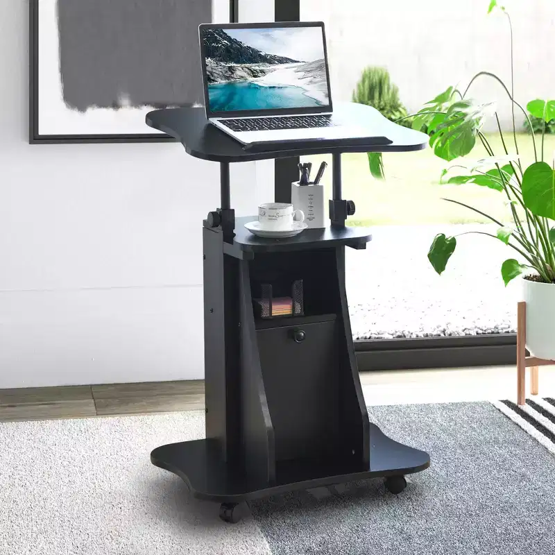 Costway 2 PCS Mobile Podium Stand Office Laptop Cart with Storage Adjustable Height White/Black