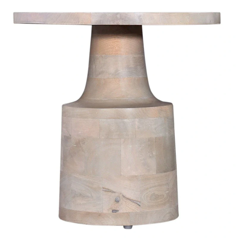Side End Table, 18 Inch Round Top, Pedestal Base, Oak White Mango Wood