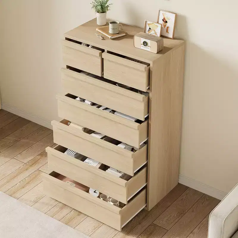 Garvee 7 Drawer Dresser for Bedroom, Natural 7 Chest of Drawers Tall with Concave Handles, Wooden Dresser Organizer for Living Room Nursery Entryway