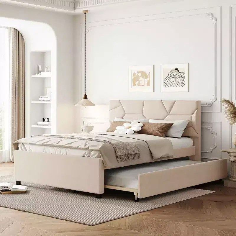 MAYEERTY Brick Pattern Upholstered Platform Bed with Twin XL Trundle, No Box Spring Needed