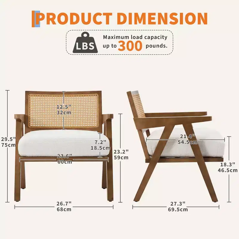 Farmhouse Wood Accent Chair,Mid Century Modern Sofa Chair with Sturdy Wood Legs, Rattan Backrest for Bedroom Living Room