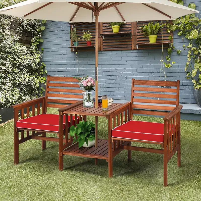 Costway Patio Loveseat Conversation Set Acacia Wood Chair Coffee Table Cushioned White\ Red