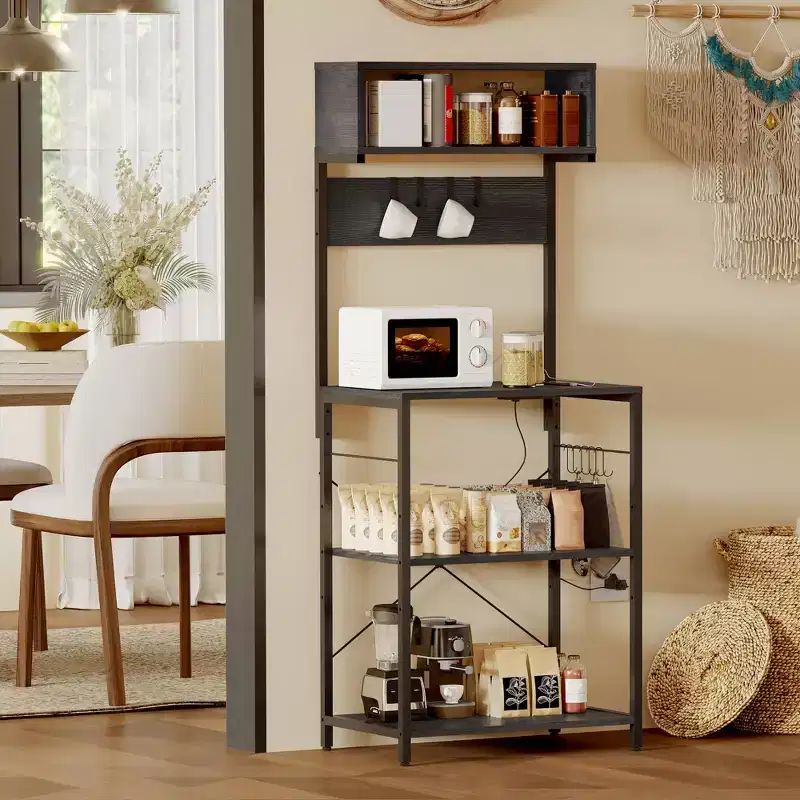 Kitchen Baker Rack, 4-Tier Kitchen Storage Shelf Rack with 10 Hooks, Industrial Microwave Stand, Standing Coffee Bar Table for Spices, Pots and Pans