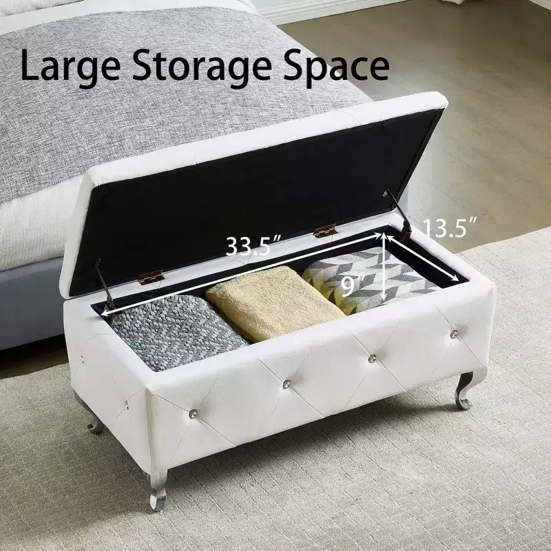EHMKNP White Faux Leather Upholstered Storage Ottoman Bench with Crystal Buttons, Rectangular Footrest for Bedroom, Living Room, Entryway