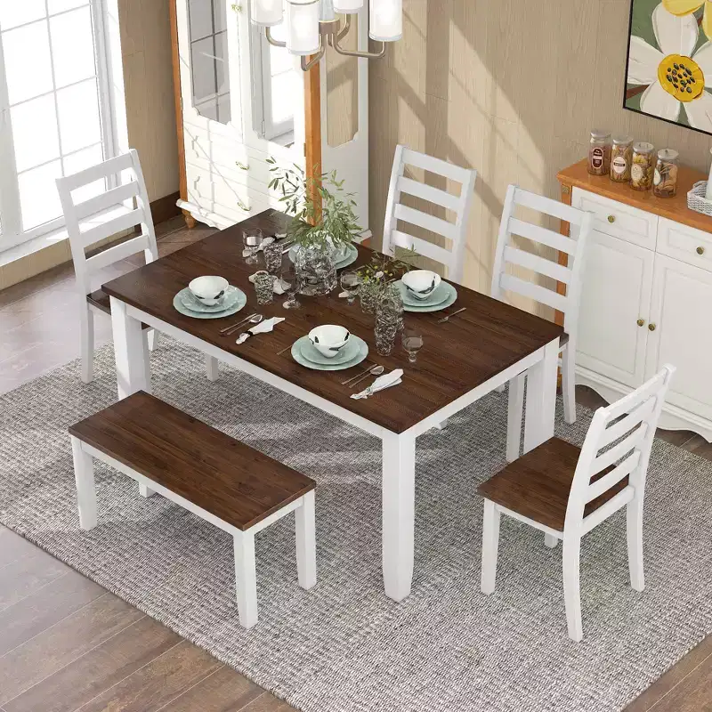 6 PCS Rustic Wood Dining Table Set, Rectangular Table with 4 Chairs & Bench-ModernLuxe