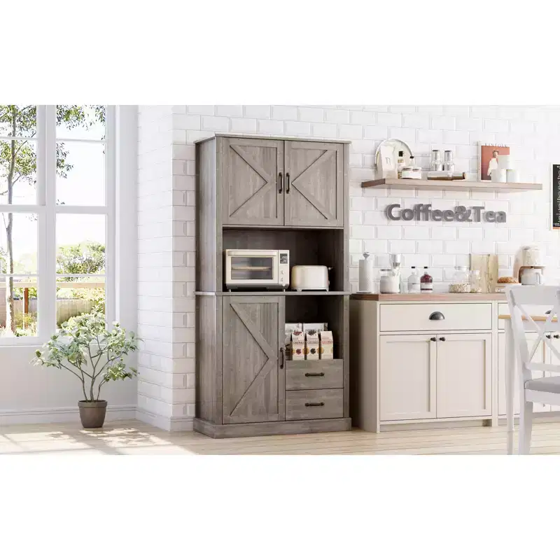 Modern Kitchen Sideboard with Microwave Stand, Tall Wooden Bar Cabinet with Drawers and Adjustable Shelves for Dining and Living Room, Pastoral Grey