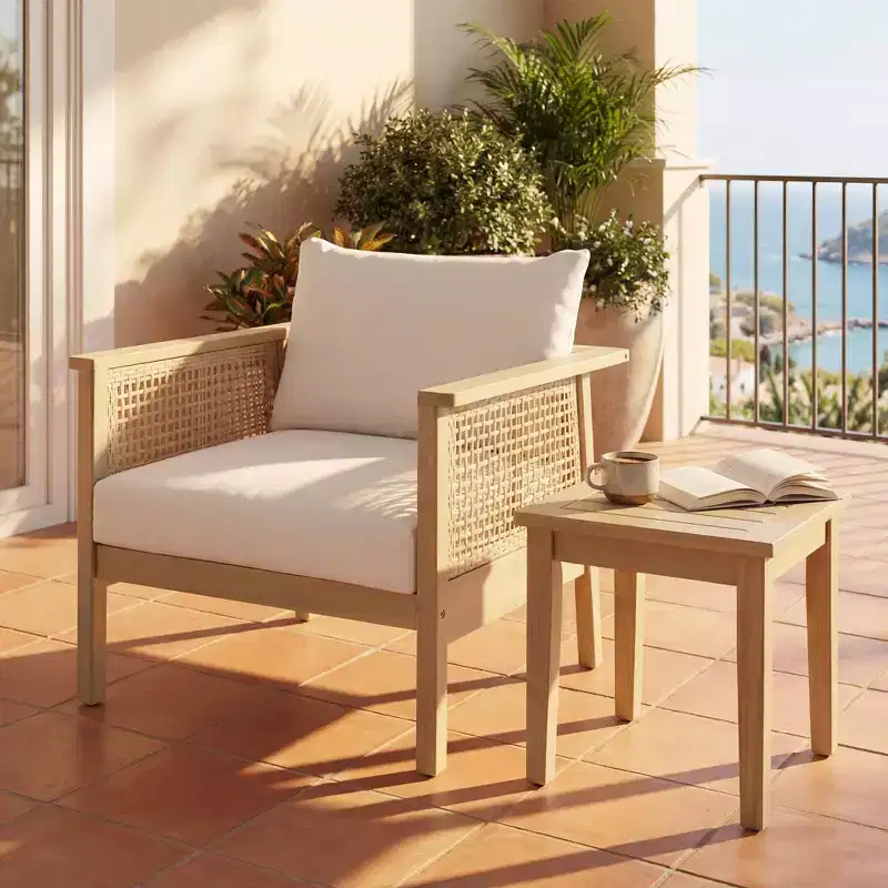 ModernLuxe Outdoor Acacia Wood Club Chair with PE Wicker Accents, Boho Modern Patio Armchair with Waterproof Cushions, Light Teak+Cream