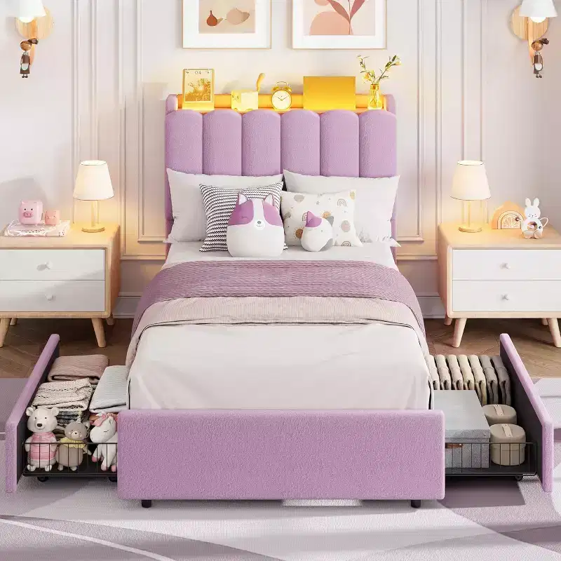 Platform Bed Frame with Storage Headboard, Boucle Upholstered Kids Bed for Girls, 2 Drawers, Wavy Headboard, No Box Spring Needed