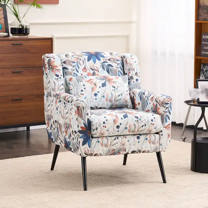 Floral Print Upholstered Accent Chair – Reading Armchair with Adjustable Metal Legs