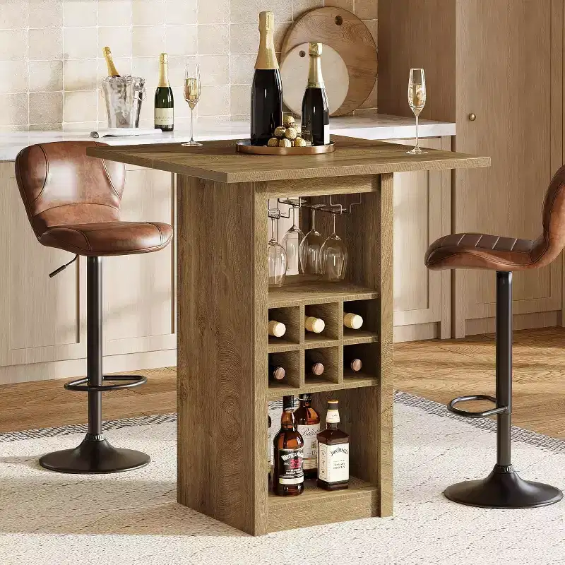 Lantine 31.5-Inch Square Bar Table, 4-Tier Wood Counter Height Home Bar Unit with Glass Holders, Wine Racks and Storage Shelves for Bistro