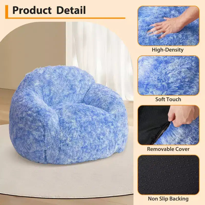 Adult Faux Fur Bean Bag Chair with Armrests - High-Density Foam Floor Sofa
