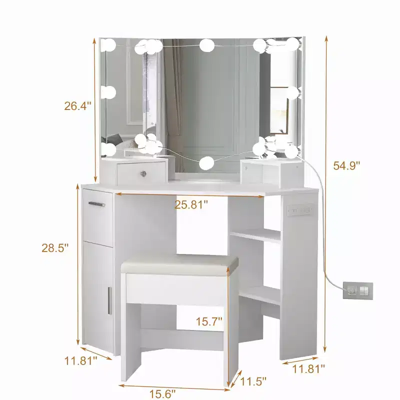 Corner Makeup Vanity Set with Stool & Lighted Mirror, Built-in Charging Station, 2 Drawers, White