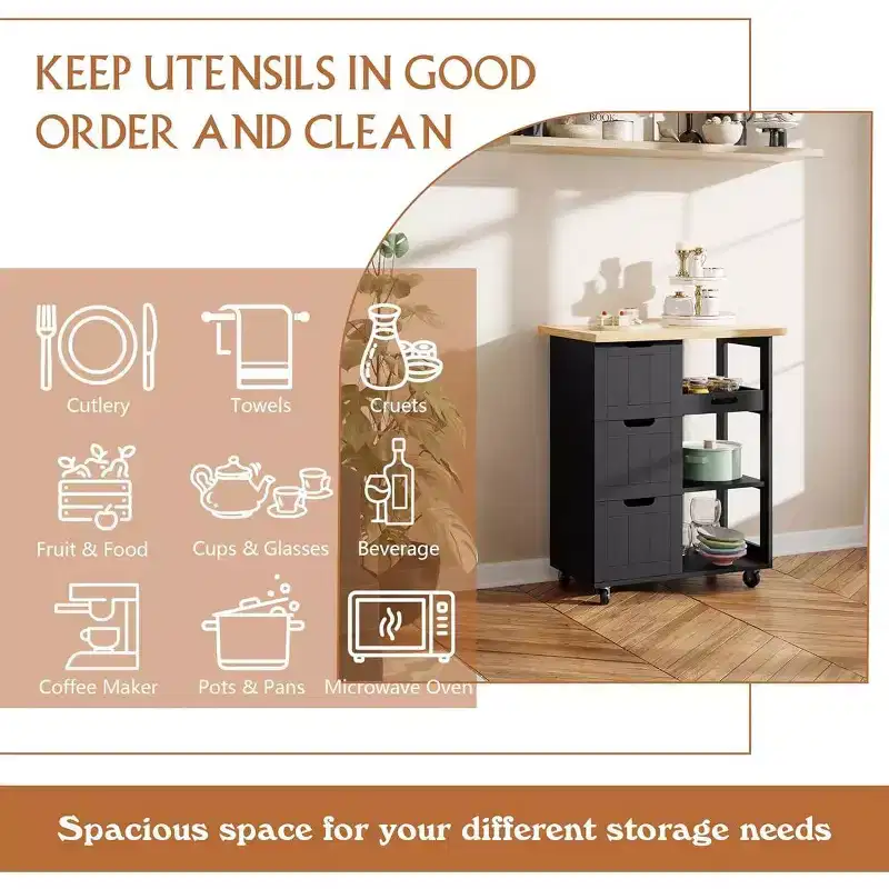 Celebalcony Kitchen Island Cart with Storage,Rolling Kitchen Island Storage Cabinet,Side Table on Wheels,3 Open Shelves and Drawers for Kitchen
