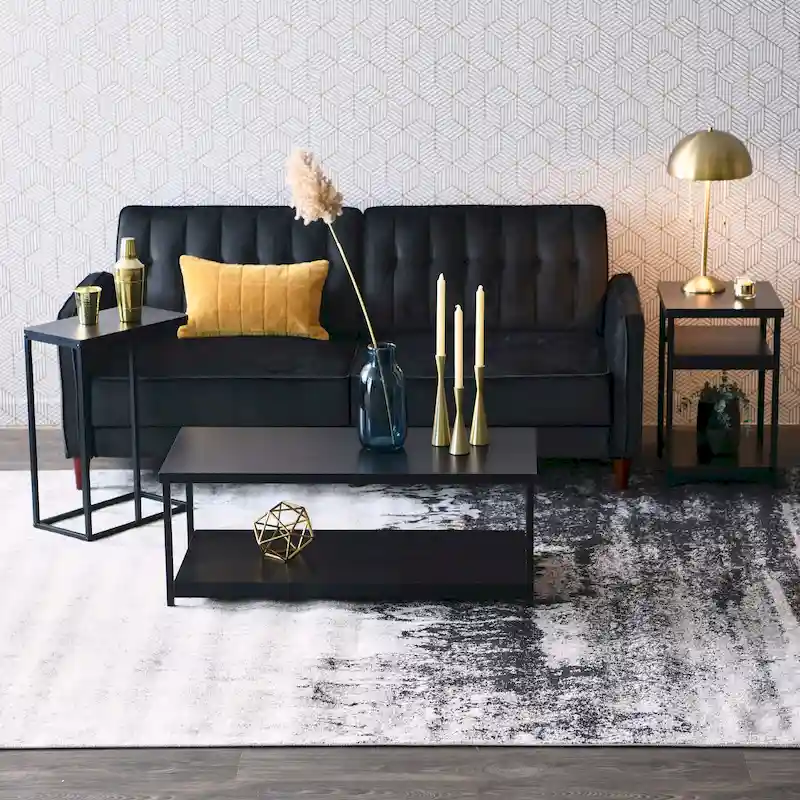 C-Shape Side Table, Faux Stone Top, Black Frame, Space-Saving Design
