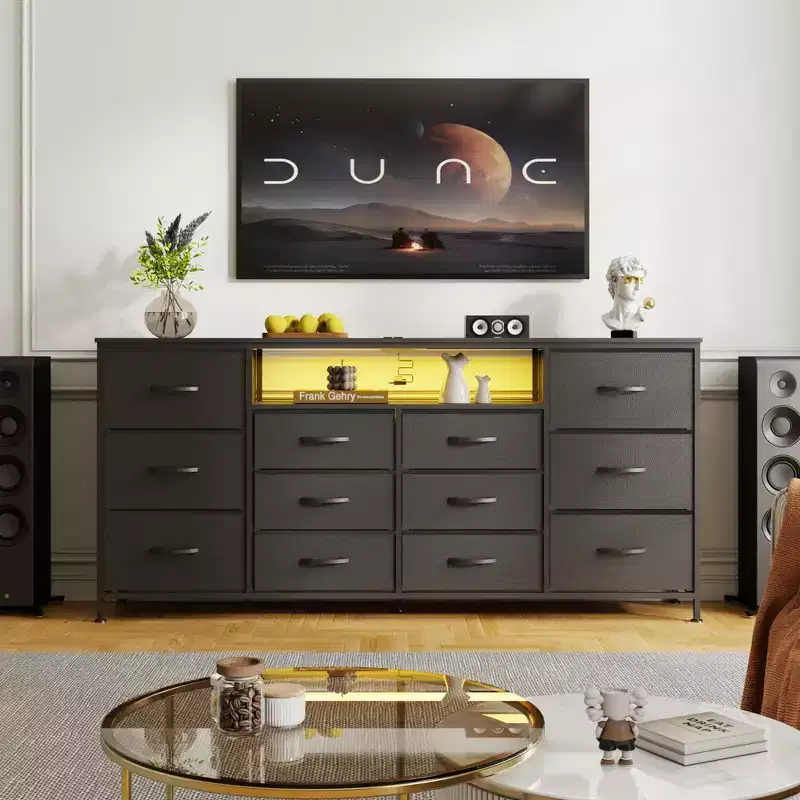 12 Drawer Dresser TV Stand for 65 70 75 Inch TV 63 W Extra Long White Dresser for Bedroom with LED Lights & Power Outlets Fabric Drawers for Closet