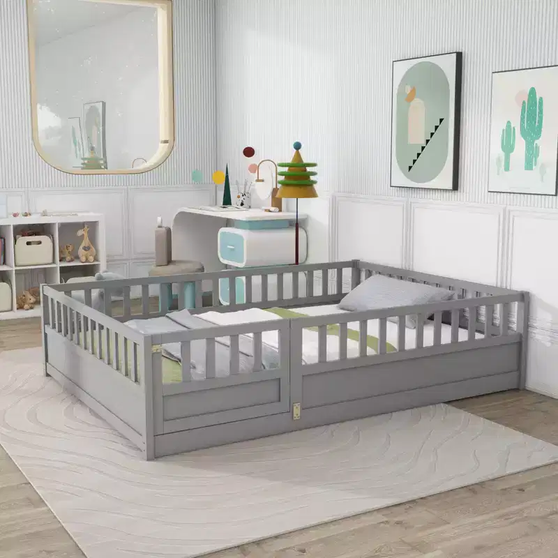 Full Size Floor Bed Frame with Extra-Tall Safety Rails & Entry Door, Wood, Gray