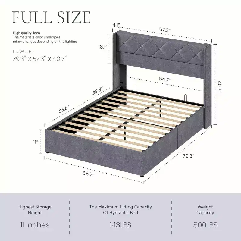 Grey Upholstered Storage Bed Frame, 800 lbs Heavy Duty, 11 Underbed Storage, Noise-Free, Solid Wood, No Box Spring Needed, Easy Assembly-Full