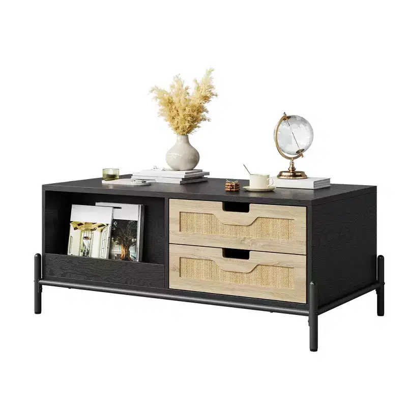 Rattan Coffee Table with LED Lighting & Storage Drawers