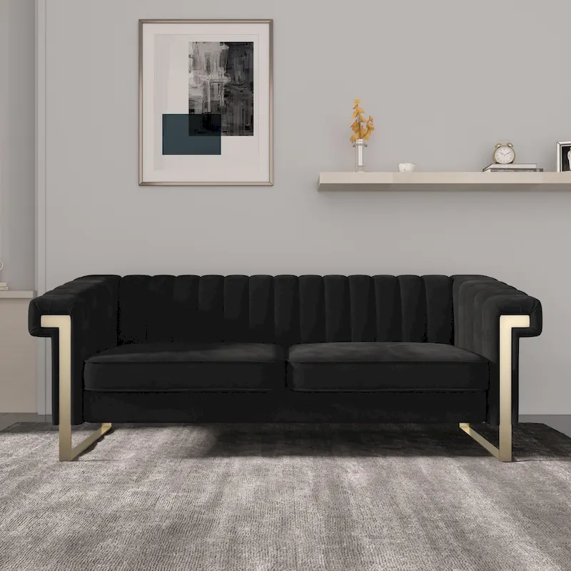 Takefuns Traditional Chesterfield Tufted Velvet Sofa, Couch with Removable Cushions and Gold Legs