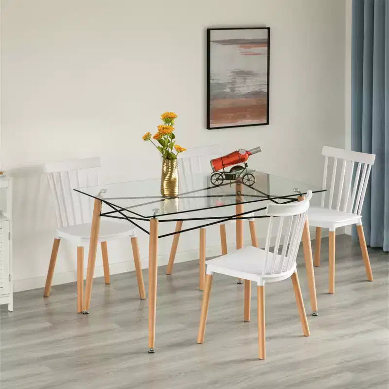 Rectangle Clear Tempered Glass Dining Table - Mid-Century, Solid Wood Legs, Seats 4-6