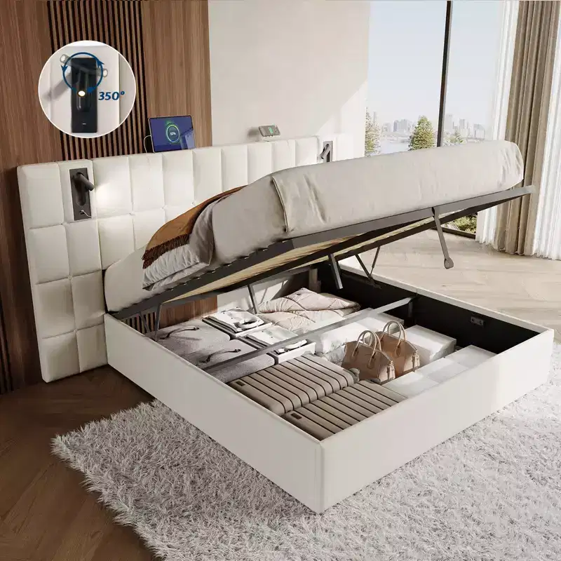 Upholstered Bed Frame with Widened Headboard,Lift-Up Storage Bed and Built-in Light, Velvet