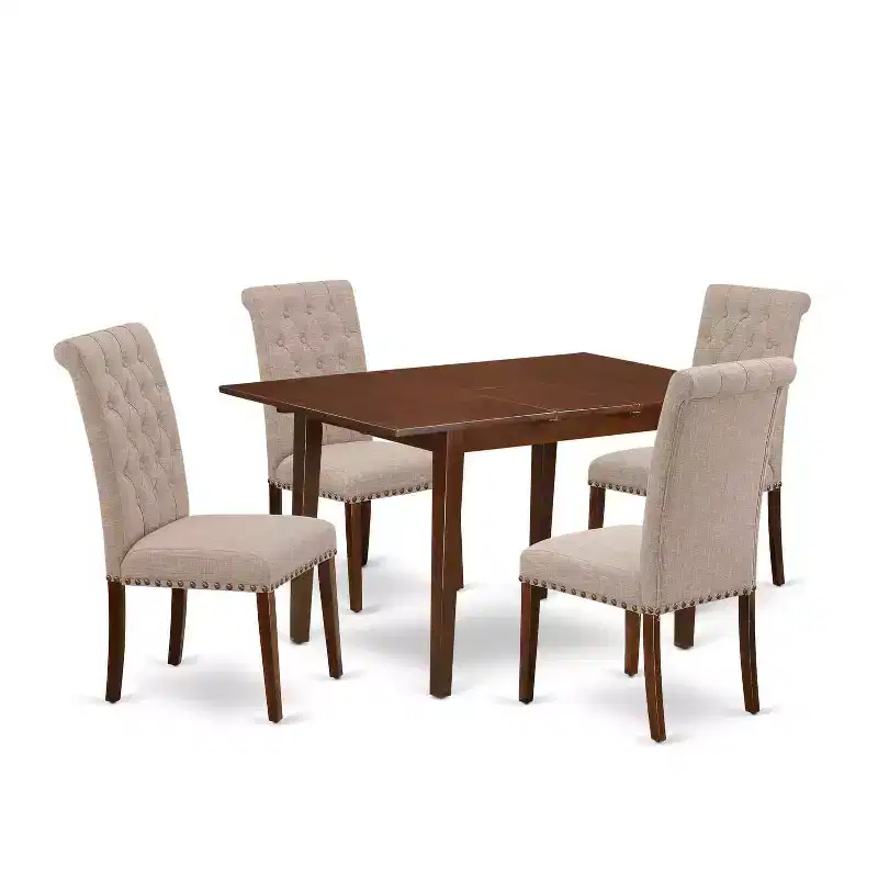 HomeStock Rectangle Dinette Set Linen Chairs Mahogany Finish