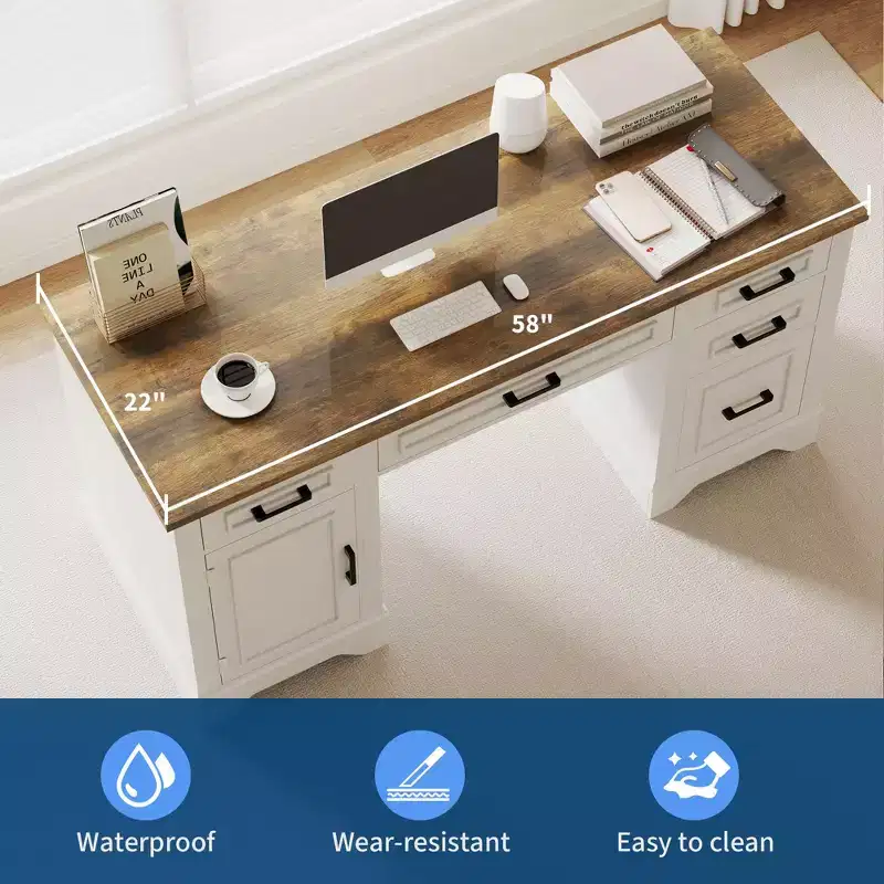 Executive Office Desk - Farmhouse 58 Office Desk with Storage, Wood Executive Computer Desk, Keyboard Tray, File Drawer, for Home Office Remote Work