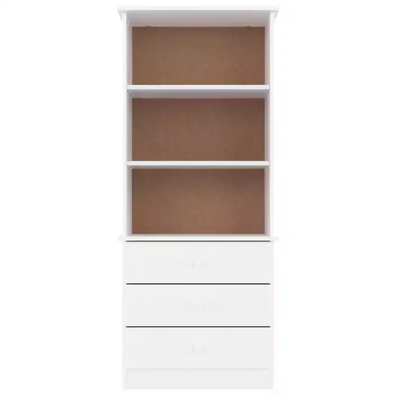 White Solid Pine Wood Tall Bookcase with Drawers & Open Shelves