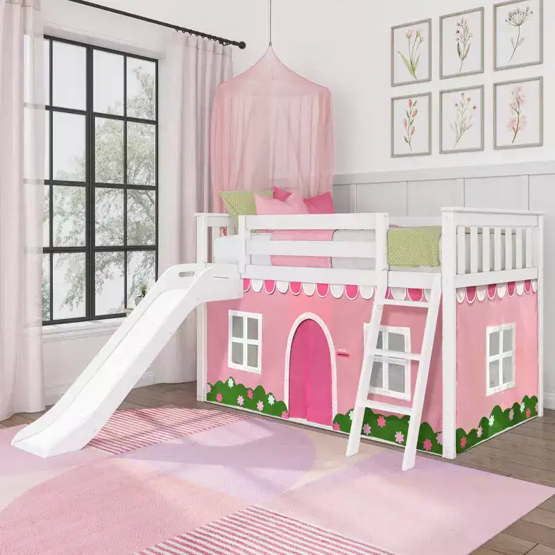 Twin Over Twin Low Bunk With Easy Slide & Light Pink & White Farmhouse Curtain