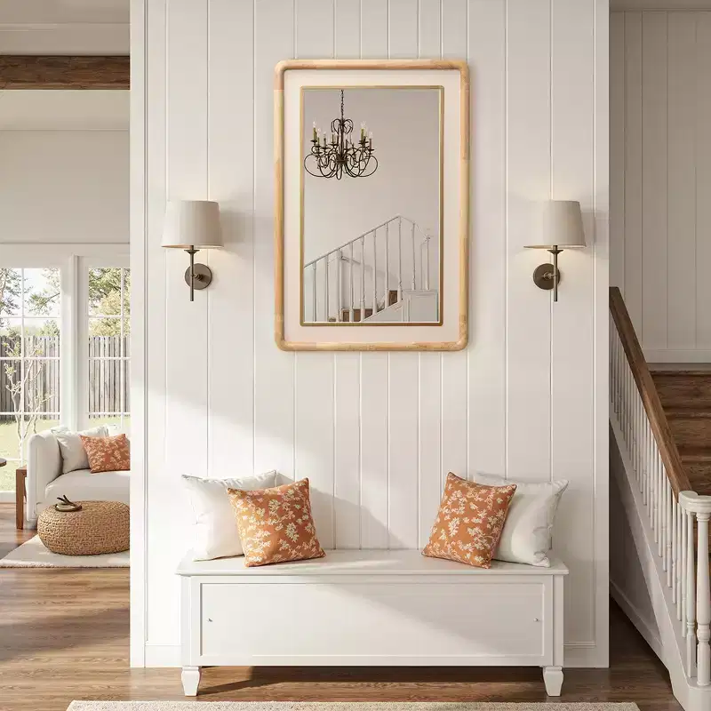 LuxenHome Rounded Rectangle Decorative Wall Mirror, 35 Rubber Wood Frame with PU Leather Accent Brown
