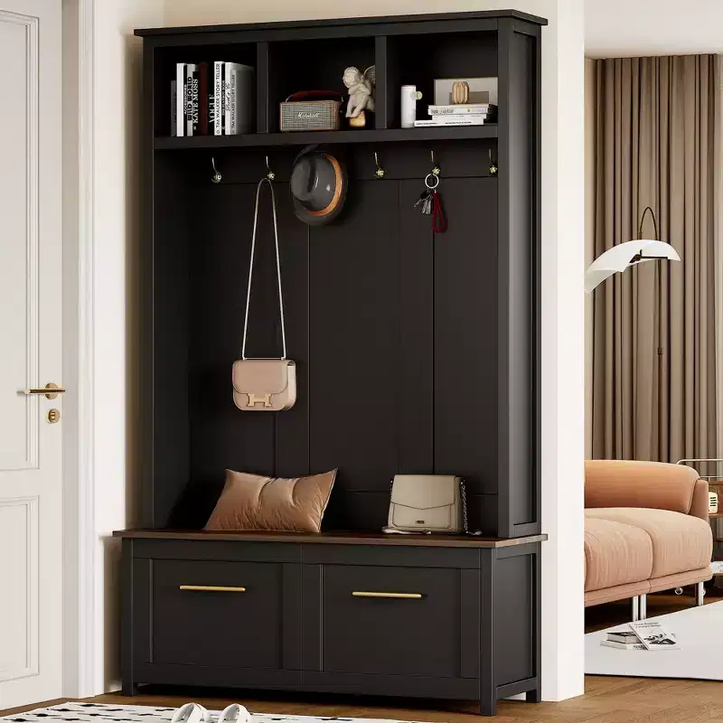 4-in-1 Entryway Hall Tree with 6 Hooks, Bench, Shoe Storage and 2 Drawers