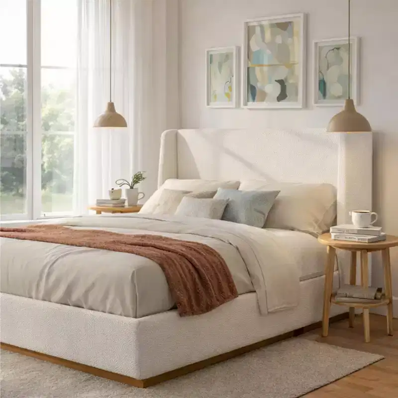 ModernLuxe Luxury Wingback Upholstered Platform Bed, Queen/King Size Bed Frame with Solid Rubberwood Legs, White
