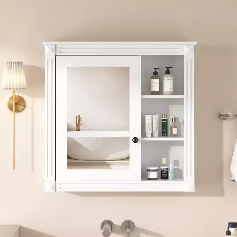 FAMYYT 30 in. W x 28 in. H Rectangular Surface Mount Medicine Cabinet with Mirror, Soft Closing Hinges, Open Storage