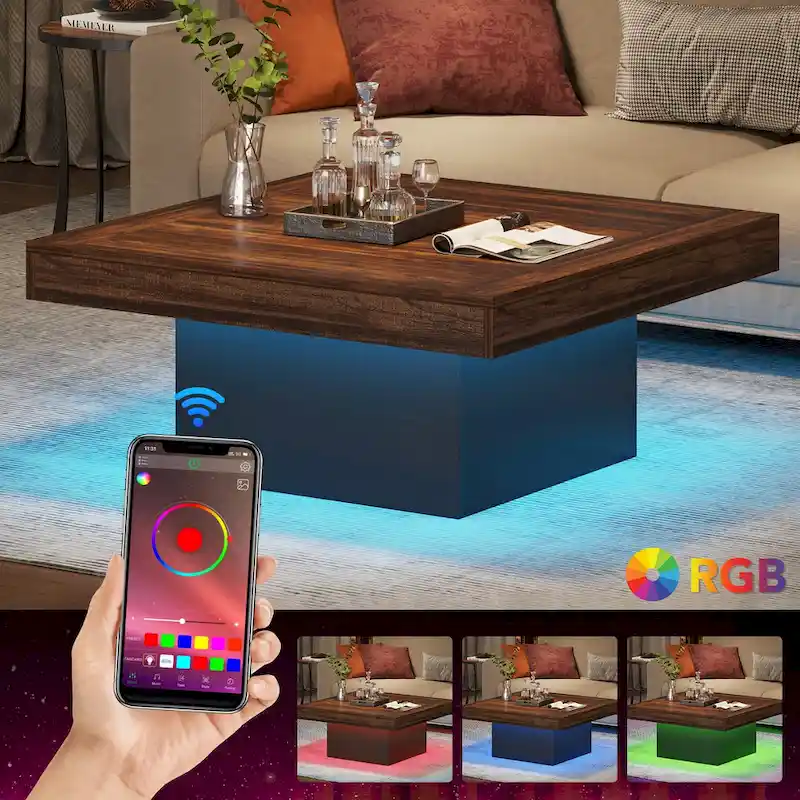 Farmhouse Coffee Table Square LED Coffee Table Engineered Wood Coffee Table