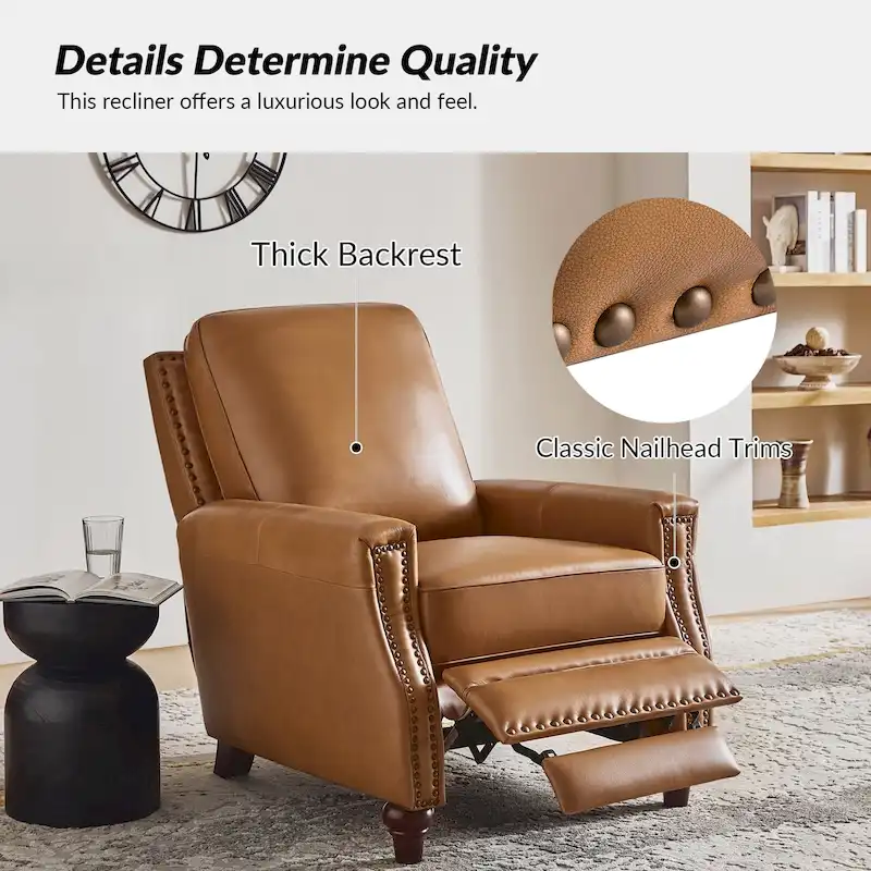 Cigar Mid-century Modern Genuine Leather Recliner with Nailhead Trim by HULALA HOME