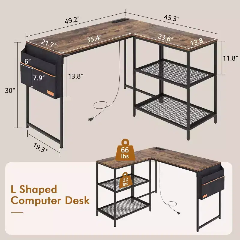 L Shaped Computer Desk Industrial Corner Gaming Desk With 2-Tier Open Shelf And Storage Pocket Brown