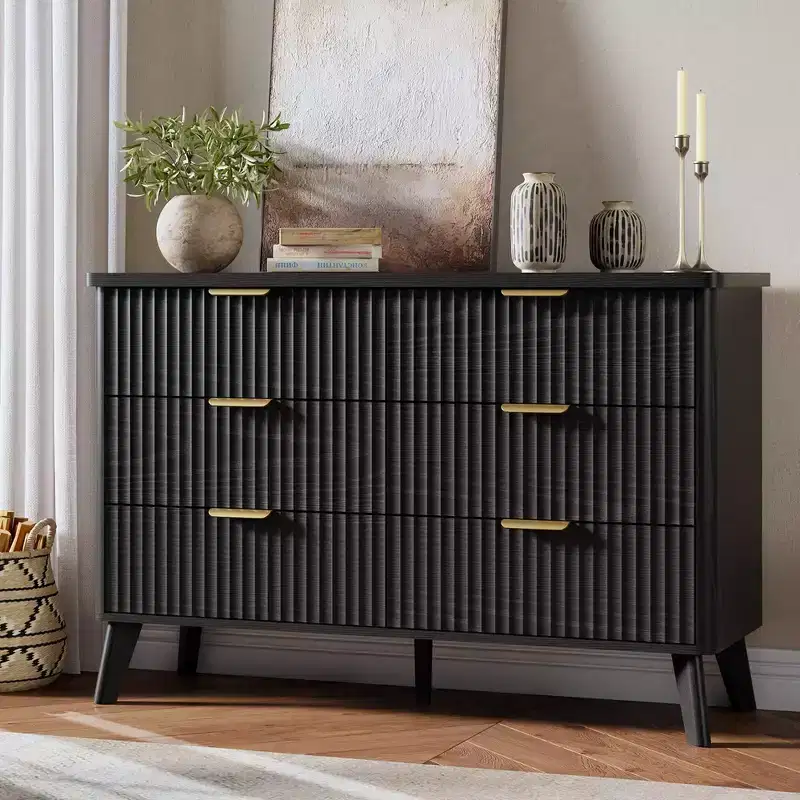 Black Fluted 6-Drawer Dresser – Engineered Wood, Single-Person Use